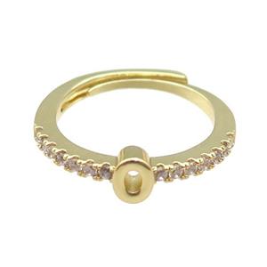 copper Ring pave zircon, letter-O, adjustable, gold plated, approx 18mm dia [FN30020]
