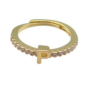 copper Ring pave zircon, letter-P, adjustable, gold plated, approx 18mm dia [FN30021]