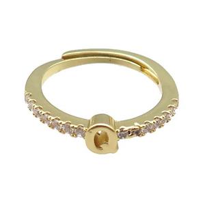 copper Ring pave zircon, letter-Q, adjustable, gold plated, approx 18mm dia [FN30022]
