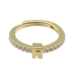 copper Ring pave zircon, letter-R, adjustable, gold plated, approx 18mm dia [FN30023]