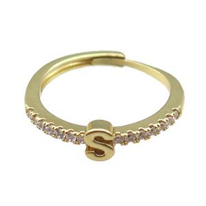 copper Ring pave zircon, letter-S, adjustable, gold plated, approx 18mm dia [FN30024]