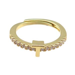 copper Ring pave zircon, letter-T, adjustable, gold plated, approx 18mm dia [FN30025]