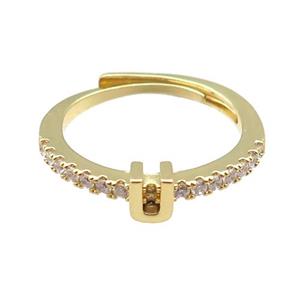 copper Ring pave zircon, letter-U, adjustable, gold plated, approx 18mm dia [FN30026]