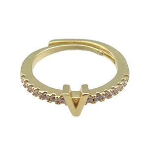 copper Ring pave zircon, letter-V, adjustable, gold plated, approx 18mm dia [FN30027]