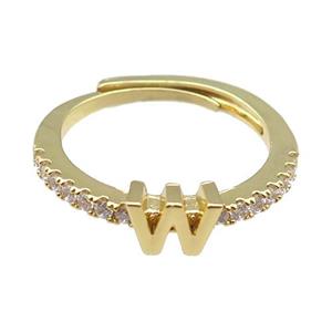 copper Ring pave zircon, letter-W, adjustable, gold plated, approx 18mm dia [FN30028]