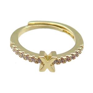 copper Ring pave zircon, letter-X, adjustable, gold plated, approx 18mm dia [FN30029]