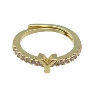 copper Ring pave zircon, letter-Y, adjustable, gold plated, approx 18mm dia [FN30030]