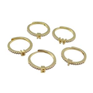 mix copper Ring pave zircon, alphabet letter, adjustable, gold plated, approx 18mm dia [FN30032]