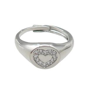 copper Heart Ring pave zircon, adjustable, platinum plated, approx 10mm, 18mm dia [FN30033]