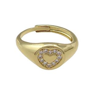 copper Heart Ring pave zircon, adjustable, gold plated, approx 10mm, 18mm dia [FN30034]