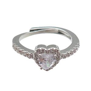 copper Heart Ring pave zircon adjustable platinum plated, approx 8mm, 18mm dia [FN30047]