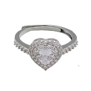 copper Heart Ring pave zircon adjustable platinum plated, approx 10mm, 18mm dia [FN30058]