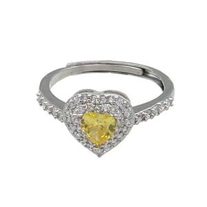 copper Heart Ring pave zircon yellow adjustable platinum plated, approx 10mm, 18mm dia [FN30059]