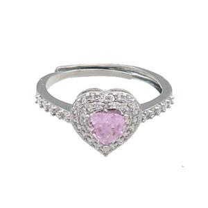 copper Heart Ring pave zircon pink adjustable platinum plated, approx 10mm, 18mm dia [FN30060]