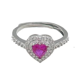 copper Heart Ring pave zircon hotpink adjustable platinum plated, approx 10mm, 18mm dia [FN30061]