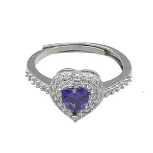 copper Heart Ring pave zircon purple adjustable platinum plated, approx 10mm, 18mm dia [FN30062]