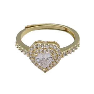 copper Heart Ring pave zircon adjustable gold plated, approx 10mm, 18mm dia [FN30064]