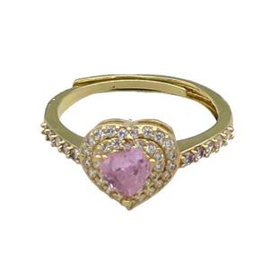 copper Heart Ring pave zircon pink adjustable gold plated, approx 10mm, 18mm dia [FN30065]