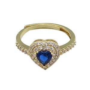 copper Heart Ring pave zircon blue adjustable gold plated, approx 10mm, 18mm dia [FN30067]