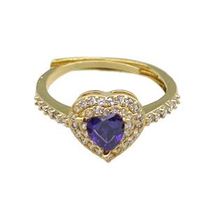 copper Heart Ring pave zircon purple adjustable gold plated, approx 10mm, 18mm dia [FN30068]