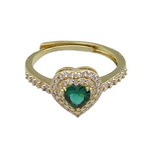 copper Heart Ring pave zircon green adjustable gold plated, approx 10mm, 18mm dia [FN30069]