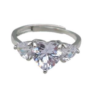 copper Heart Ring pave zircon adjustable platinum plated, approx 9mm, 5mm, 18mm dia [FN30072]