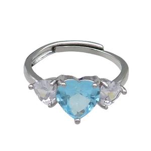 copper Heart Ring pave zircon aqua adjustable platinum plated, approx 9mm, 5mm, 18mm dia [FN30073]