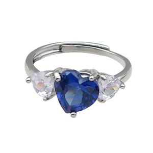 copper Heart Ring pave zircon blue adjustable platinum plated, approx 9mm, 5mm, 18mm dia [FN30074]