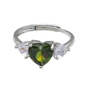 copper Heart Ring pave zircon olive adjustable platinum plated, approx 9mm, 5mm, 18mm dia [FN30075]