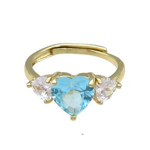 copper Heart Ring pave zircon aqua adjustable gold plated, approx 9mm, 5mm, 18mm dia [FN30078]