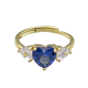 copper Heart Ring pave zircon blue adjustable gold plated, approx 9mm, 5mm, 18mm dia [FN30079]