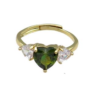 copper Heart Ring pave zircon olive adjustable gold plated, approx 9mm, 5mm, 18mm dia [FN30080]