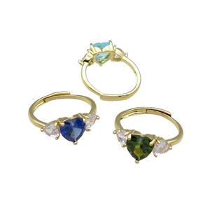 mix copper Heart Ring pave zircon adjustable gold plated, approx 9mm, 5mm, 18mm dia [FN30081]