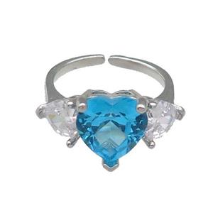 copper Heart Ring pave zircon aqua adjustable platinum plated, approx 11mm, 6mm, 18mm dia [FN30082]