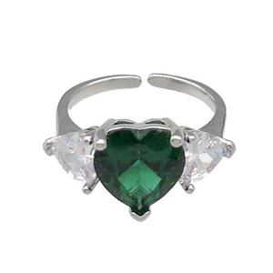 copper Heart Ring pave zircon green adjustable platinum plated, approx 11mm, 6mm, 18mm dia [FN30083]