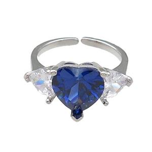copper Heart Ring pave zircon blue adjustable platinum plated, approx 11mm, 6mm, 18mm dia [FN30084]
