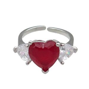 copper Heart Ring pave zircon red adjustable platinum plated, approx 11mm, 6mm, 18mm dia [FN30085]