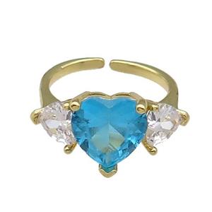 copper Heart Ring pave zircon aqua adjustable gold plated, approx 11mm, 6mm, 18mm dia [FN30087]