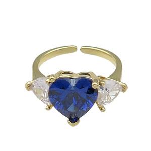 copper Heart Ring pave zircon blue adjustable gold plated, approx 11mm, 6mm, 18mm dia [FN30088]