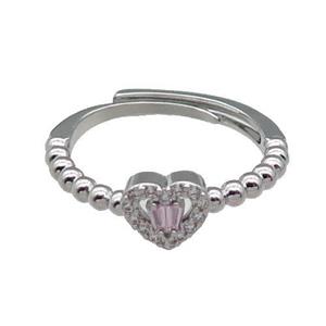 copper Heart Ring pave zircon pink adjustable platinum plated, approx 7mm, 18mm dia [FN30093]