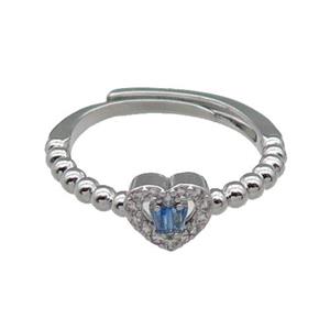copper Heart Ring pave zircon blue adjustable platinum plated, approx 7mm, 18mm dia [FN30094]