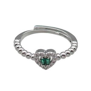 copper Heart Ring pave zircon green adjustable platinum plated, approx 7mm, 18mm dia [FN30095]