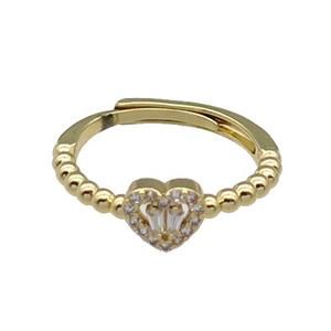 copper Heart Ring pave zircon adjustable gold plated, approx 7mm, 18mm dia [FN30097]