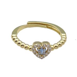 copper Heart Ring pave zircon blue adjustable gold plated, approx 7mm, 18mm dia [FN30099]