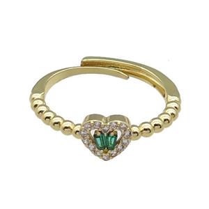 copper Heart Ring pave zircon green adjustable gold plated, approx 7mm, 18mm dia [FN30100]