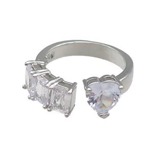 copper Heart Ring pave zircon platinum plated, approx 8mm, 7mm, 18mm dia [FN30109]