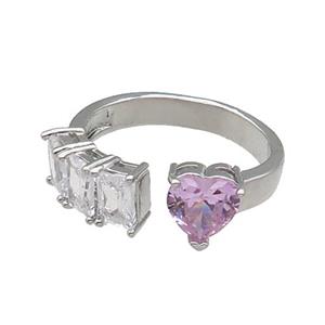 copper Heart Ring pave zircon pink platinum plated, approx 8mm, 7mm, 18mm dia [FN30110]