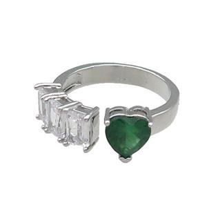 copper Heart Ring pave zircon green platinum plated, approx 8mm, 7mm, 18mm dia [FN30111]