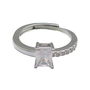 copper Ring pave zircon white enamel rectangle adjustable platinum plated, approx 6-7mm, 18mm dia [FN30117]