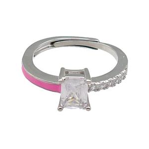 copper Ring pave zircon pink enamel rectangle adjustable platinum plated, approx 6-7mm, 18mm dia [FN30119]